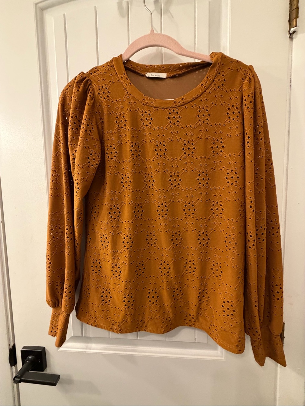 Les Amis Eyelet Puff-Sleeve Blouse in Mustard Brown